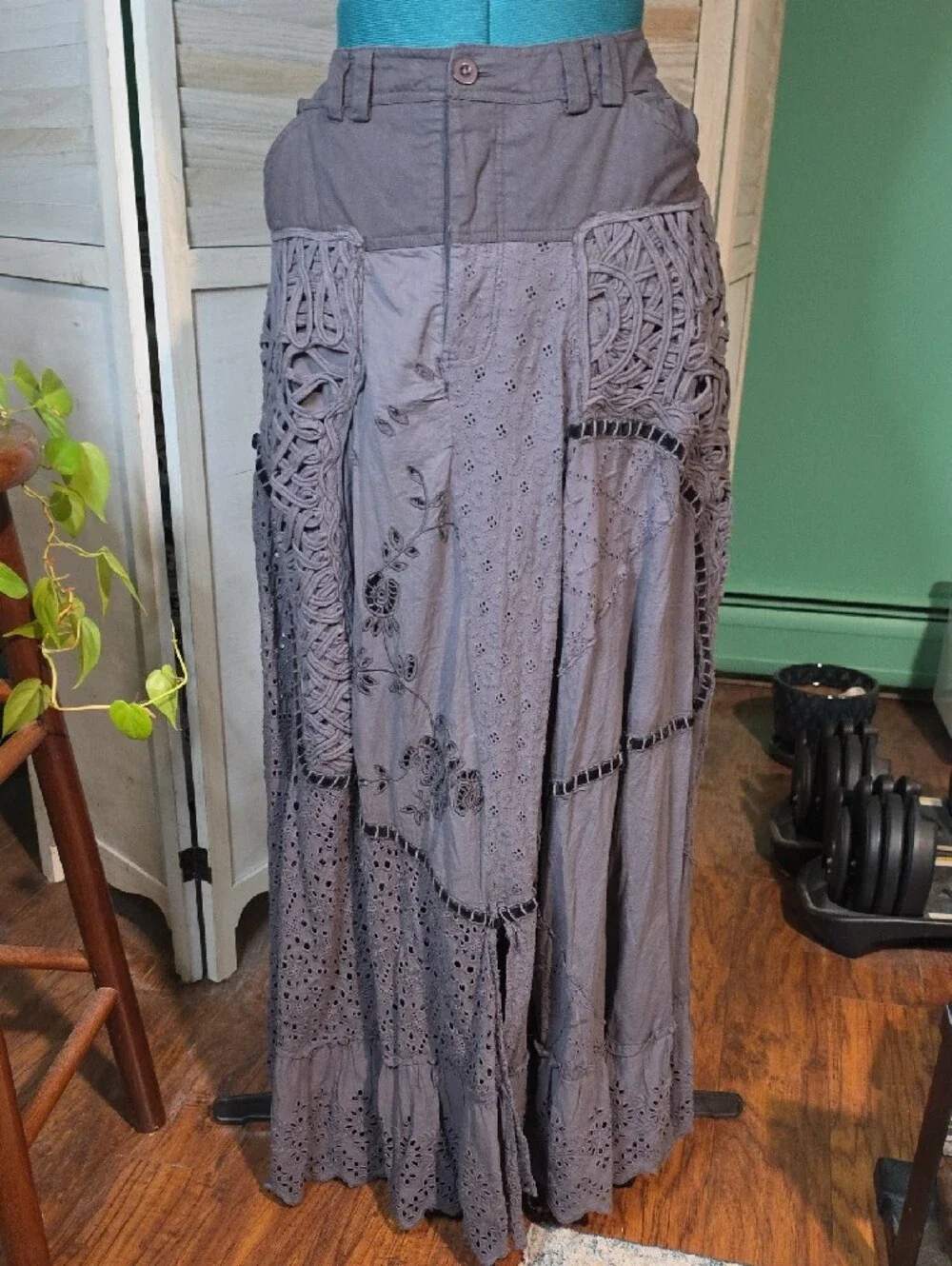 Free People Night Fall Maxi Skirt Noir Gray Crochet Eyelet Size 12